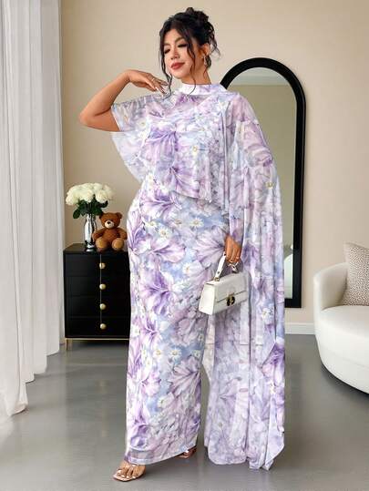 Elenzga Plus Size Women Elegant Knitted Pink Mesh Digital Print Long Dress With Lining, 2 Pieces Set