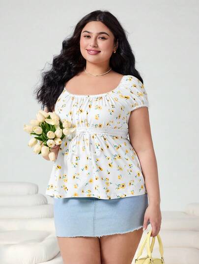 Solflare 大码女式碎花插肩袖系带腰身休闲T恤