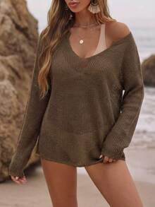 EMERY ROSE Hollow V-Neck Khaki Lightweight Sheer Cardigan - Coffee Brown - View 3