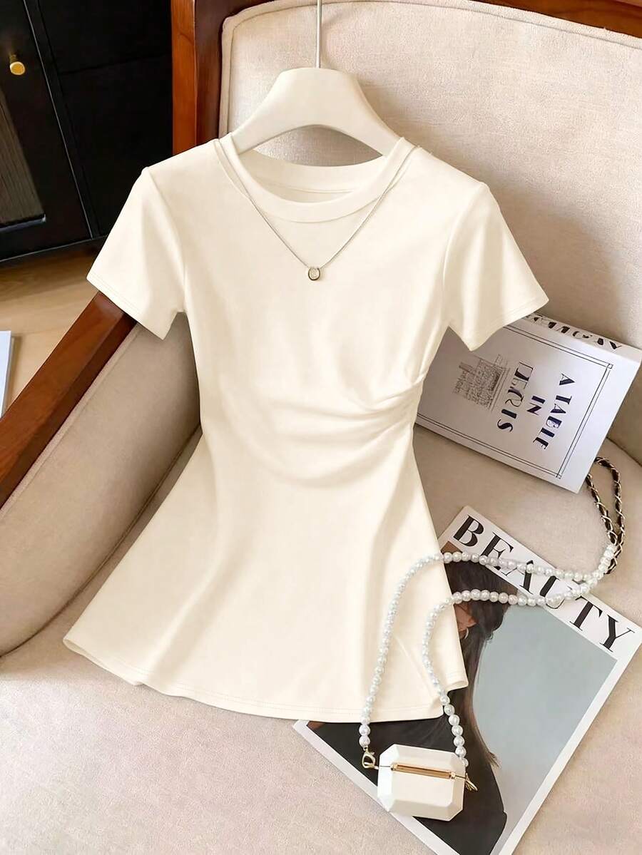 Lyxana Đầm ngắn tay cổ tròn màu trơn dáng casual dành cho nữ, thích hợp cho mùa hè. - Màu be - Xem 1