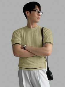 DAZY Atasan Rajut Lengan Pendek Pria Kasual Musim Panas dengan Trim Blok Warna - Mint Green - View 3