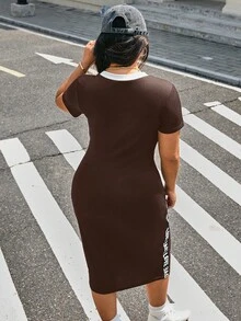 SHEIN EZwear Đầm ôm sát màu đen cỡ lớn, phối màu tương phản, thích hợp cho mùa Xuân/Hè. - màu nâu - Xem 2