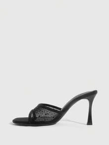 CUCCOO SZL Women's Fashion Square Toe High Heel Black Mesh Rhinestone Open Toe Sandals, One-Piece Slip-On Dress Sandals, Stylish Glamorous Sexy Party Heels Spring Shoes - Black - View 9