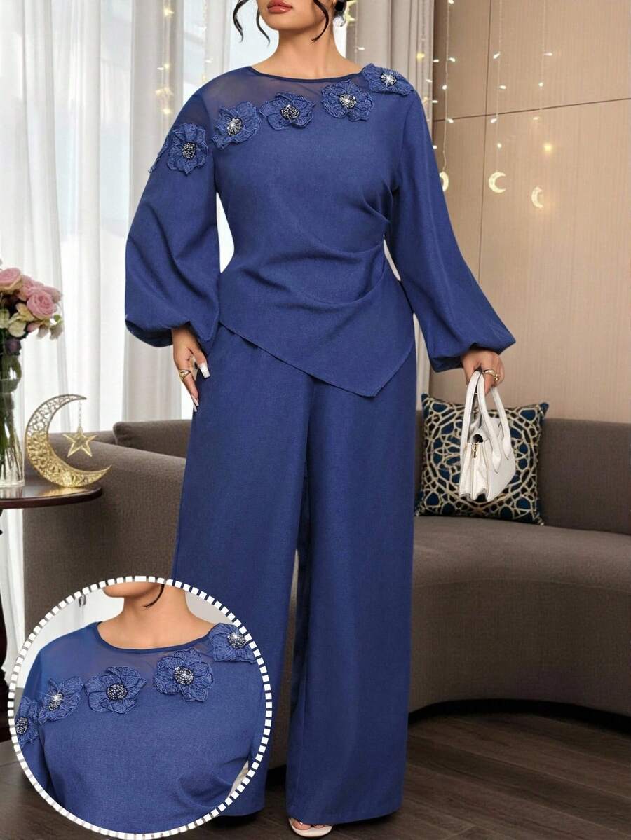 Modelyn Plus Size Women Royal Blue 3D Floral Decor Asymmetrical Hem Lantern Sleeve Shirt And Wide Leg Pants, Autumn Elegant 2 Pieces Set Casual Outfit - Blue - View 1