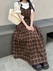 FRIFUL Women's Plaid Minimalist Casual Long Dress Summer - Brown - View 5