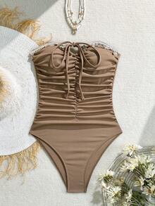 Swim Vcay Maiô tomara que caia marrom com estampa de estrela-do-mar e conchas, peça única, elegante e perfeito para resorts. - Castanho - Ver 6