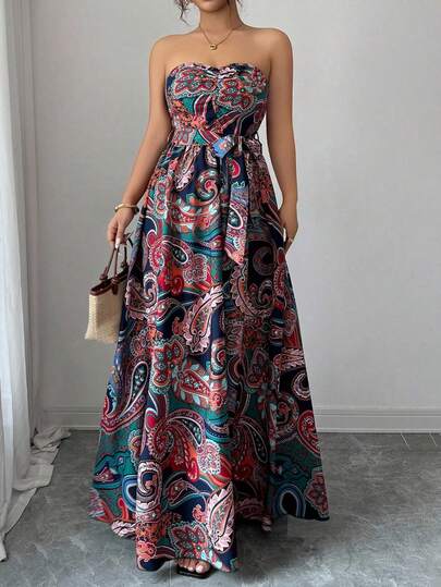 Elenzga Plus Size Women Elegant Romantic Vacation Cashew Flower Pattern Floral Print Tube A-Line Flowing Maxi Dress