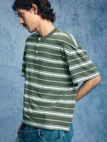 ROMWE MEN Prep Men's Striped Print Casual Versatile Short Sleeve Henley T-Shirt - Green - View 6
