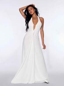 SHEIN ICON Đầm dài nữ màu trơn gợi cảm cổ yếm cổ chữ V sâu, eo thắt. - trắng - Xem 5