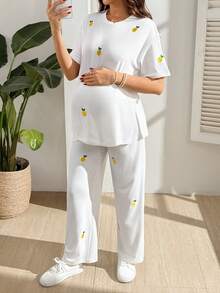 SHEIN 孕妇休闲柠檬刺绣T恤和裤子两件套 - 白色 - 查看 6
