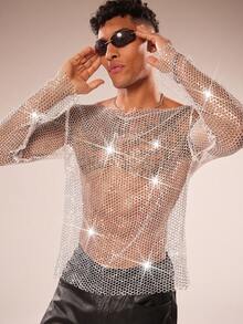 FeverCity Men's Boat Neck Long Sleeve Shiny Mesh T-Shirt - Silver - View 3