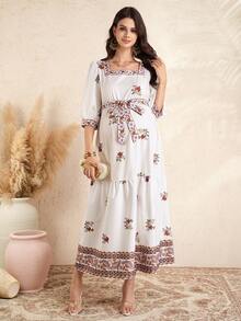 Momance Maternity Dress With Mid-Sleeve, Square Neckline, Multi-Layered Skirt, Waist Tie Bow, Printed & Embroidered Long Dress - Multicolor - View 3