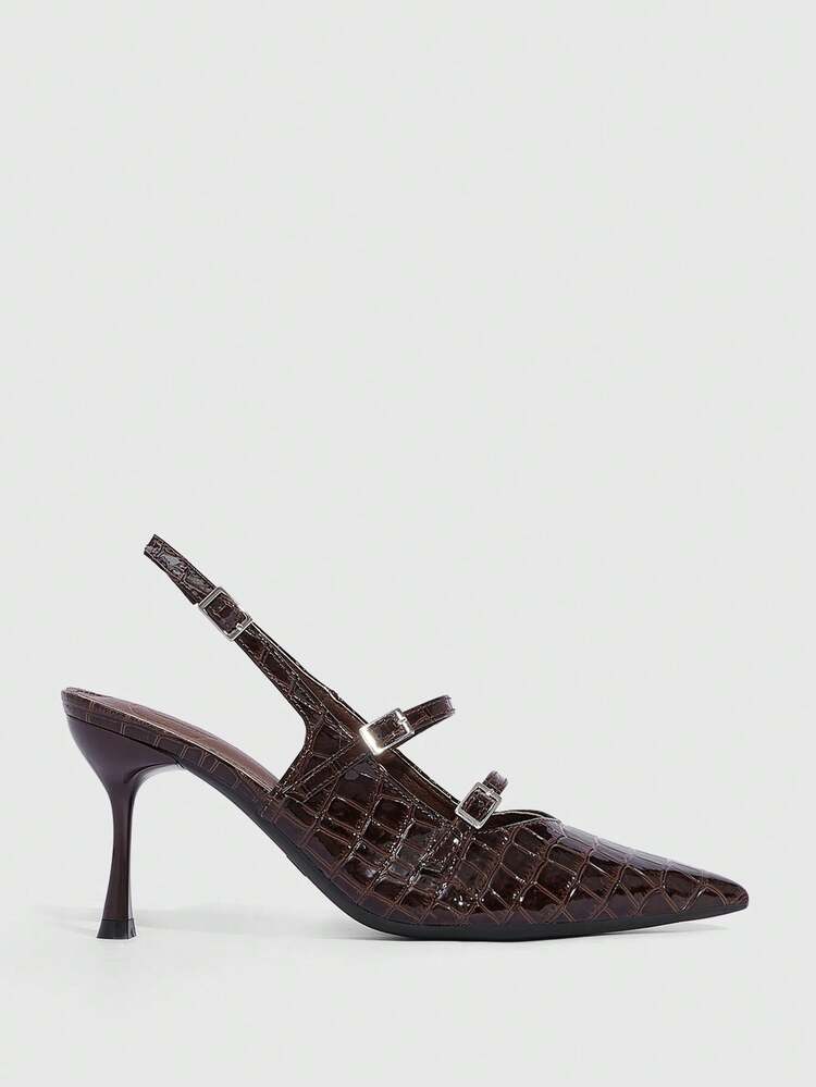 CUCCOO SZL Women's Black Patent Leather Pointed Toe Rhinestone Square Buckle Double Strap Backless Sexy Fashion High Heel Pumps