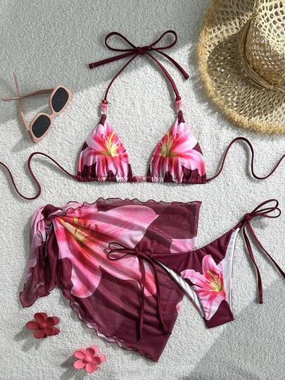 Swim Mod 3pcs/Set Floral Print Mesh Skirt With Beaded Decor, Halter Neck Triangle Bikini Top And Side Tie Bottoms, Sexy Women Summer Holiday Swimwear Set Bikini Set Vacation Beach Sets For Women Flower Bikini Bathing Suit Sets Tropical Bikini Set