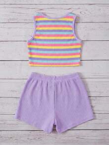 SHEIN 2pcs Baby Girl Purple Knitted Striped Contrast Floral Pattern Casual Cute Summer Sleeveless Top And Elastic Waist Shorts Set,Sweet Vacation Wear - Multicolor - View 2