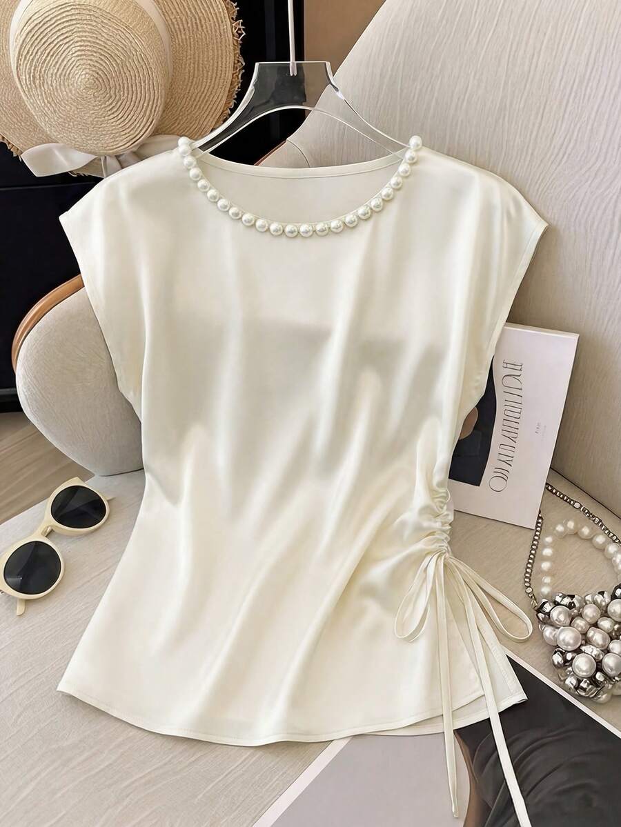 GlowEve Blusa de mujer con cuello redondo, cordón y mangas cortas con cuentas - Albaricoque - Ver 1