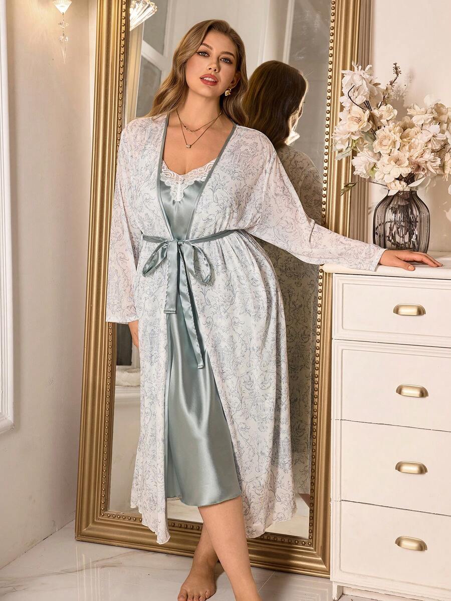 MuseNap CURVE Plus Size Women's Light Gray Palace Floral Mesh Sheer Robe With Faux Silk Sash, Long Cardigan With Lace Slip Dress Lingerie Set - Mint Green - View 1
