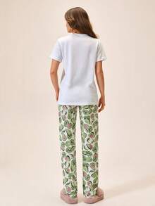 Loomlin Cotton Women Cute Avocado Pattern Sleep Tee + Long Pants Pajama Sets - Green - View 2