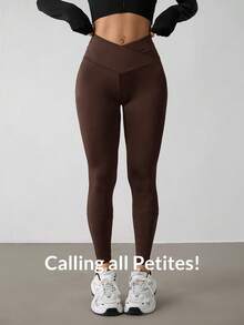 SHEIN PETITE 女士纯色高腰显瘦紧身打底裤 - 棕色 - 查看 8