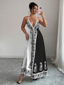 Rafferiza 女士碎花深V领连衣裙 - 黑與白 - 查看 5