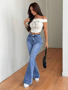 SHEIN Tall Spring To Summer Women's Casual Everyday Commuting Stretch Comfort Denim Fabric With Contrasting Pocket Design Pocket Button Casual Versatile Daily Wear Flared Denim Jeans - Light Wash - View 6