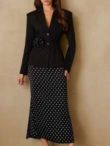 EMERY ROSE 法式复古优雅女士时尚翻领花卉腰带长袖西装外套搭配波点中长裙套装 - 黑色 - 查看 1