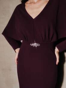 Anewsta Vestido elegante de manga larga con cuello en V y cintura ceñida, con estampado gráfico y floral, adecuado para el Día de San Valentín, vacaciones, carnaval y fiestas elegantes - Rojo violeta - Ver 7