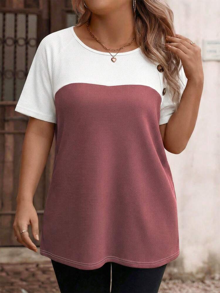 EMERY ROSE Women's Colorblock Design Casual Versatile Plus Size T-Shirt, Spring/Summer New Arrival - Multicolor - View 4