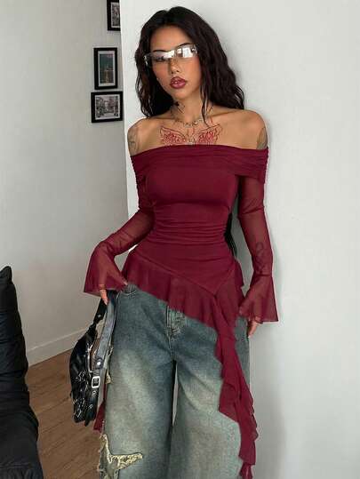 Coolane Camiseta blanca de hombros descubiertos con volantes y lazos, estilo urbano, de temporada, para festivales, conciertos country, Y2K, boho y gyaru para mujer