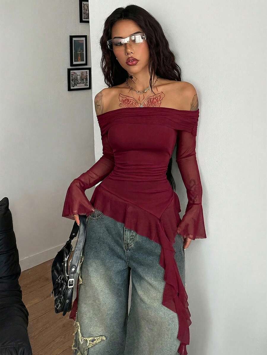 Coolane Camiseta blanca de hombros descubiertos con volantes y lazos, estilo urbano, de temporada, para festivales, conciertos country, Y2K, boho y gyaru para mujer - Burdeos - Ver 1