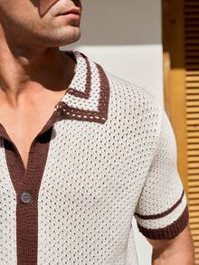 Manfinity CityGents 男士休闲撞色滚边短袖针织上衣，夏季 - 杏色 - 查看 2