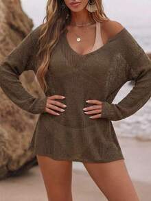 EMERY ROSE Hollow V-Neck Khaki Lightweight Sheer Cardigan - Coffee Brown - View 5