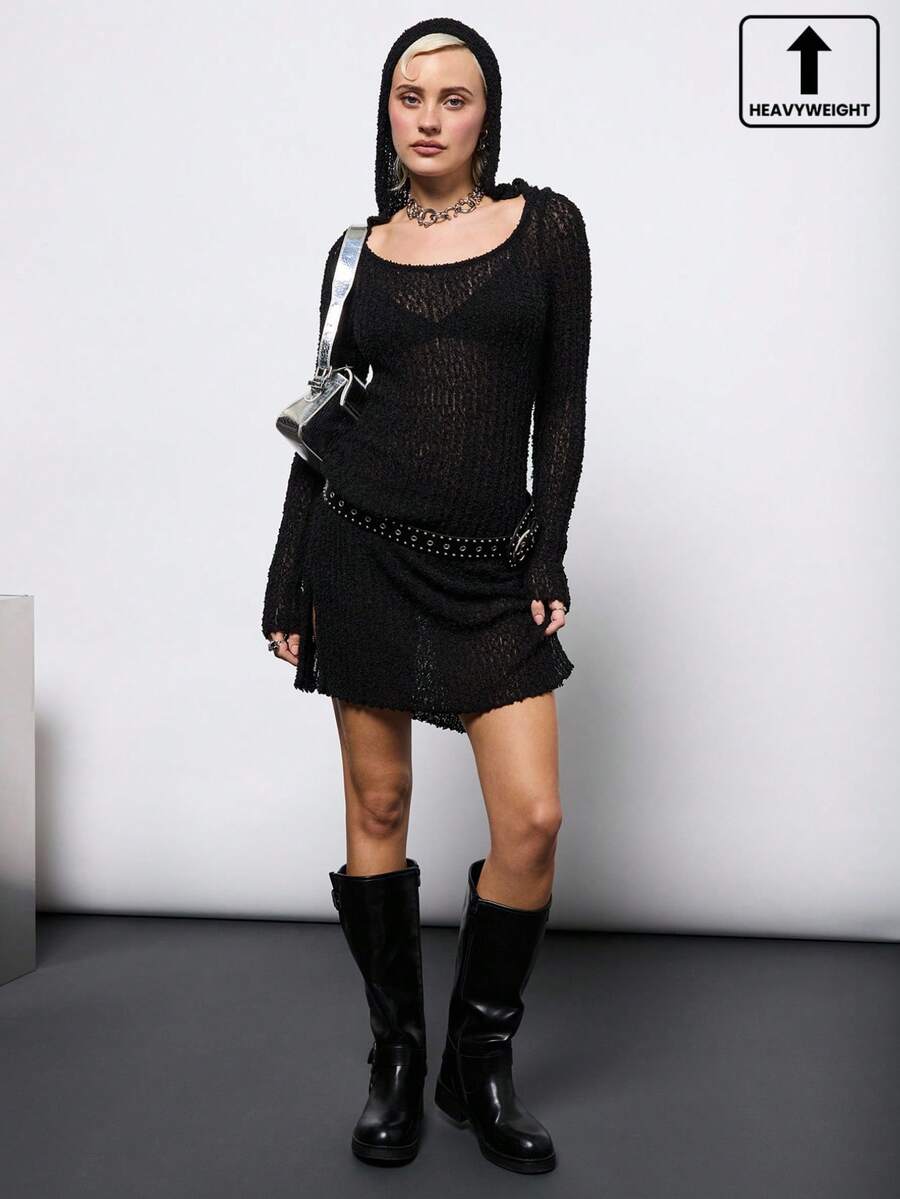 COUREZ 长袖连帽针织迷你连衣裙/Y2K风格针织连衣裙 黑色连衣裙 长袖连衣裙 性感夜店装扮 外出装扮 - 黑色 - 查看 1