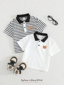 Cozy Pixies 2pcs Baby Boy Cartoon Bear & Striped Pattern Soft Knit Polo Collar Short Sleeve Pullover Outfit Set,Kids - Multicolor - View 1