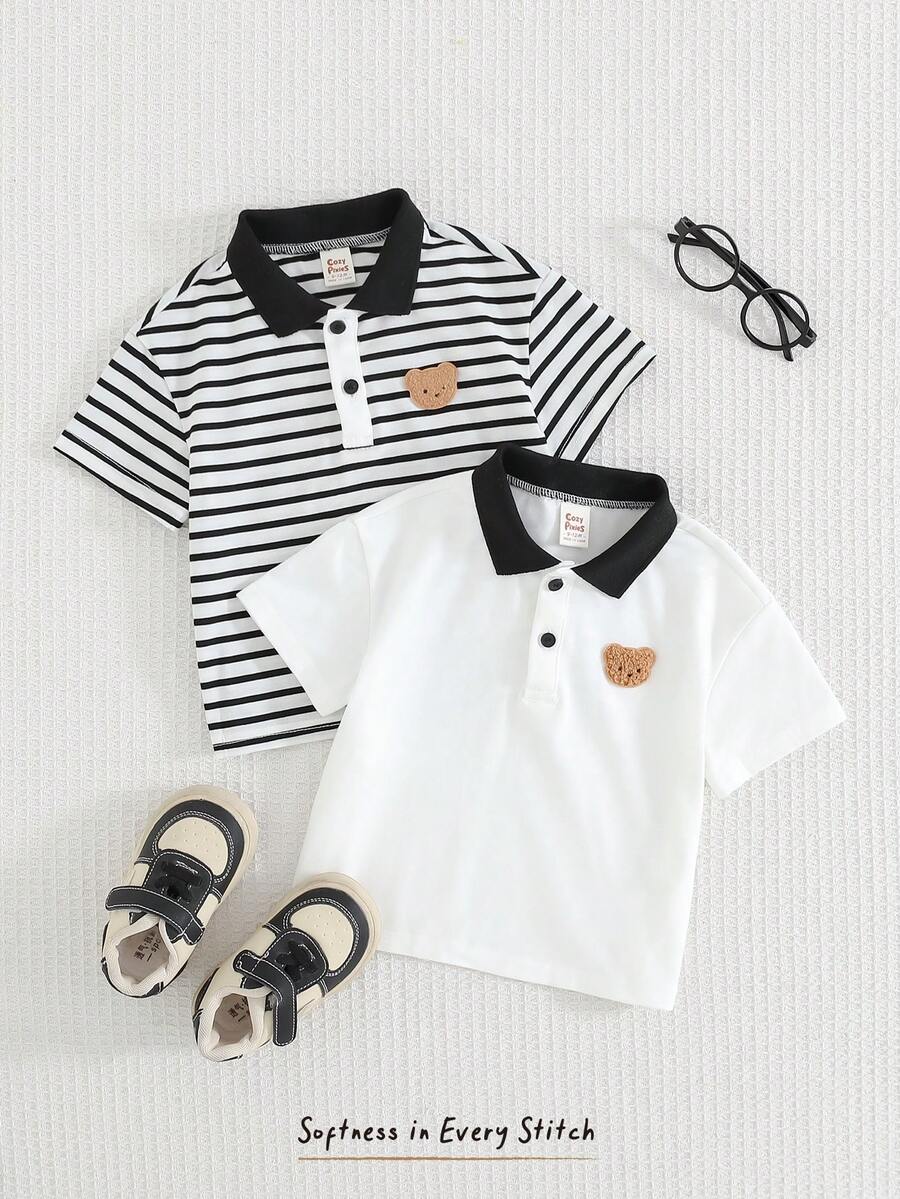 Cozy Pixies 2pcs Baby Boy Cartoon Bear & Striped Pattern Soft Knit Polo Collar Short Sleeve Pullover Outfit Set,Kids - Multicolor - View 1