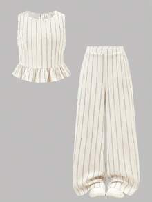 Firerie Kids Tween Girls' Casual Striped Sleeveless Top And Straight Leg Pants Set, Apricot - Apricot - View 4