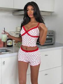 SHEIN 浪漫心形印花蕾丝边修身女士睡衣套装 - 白色 - 查看 5