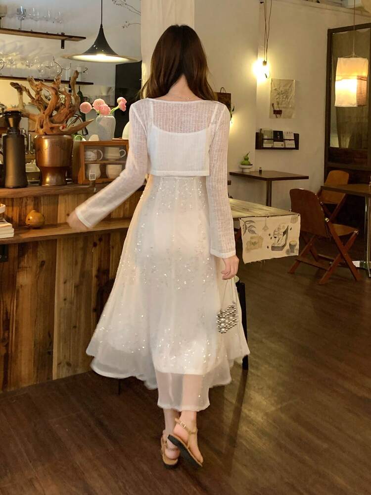 Women's White Sequin Lace V-Neck Bodycon Slip Dress, Autumn New Arrival Minimalist Sexy Mini Dress With Cardigan 2-Piece Set