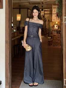 DAZY Women's Fashionable Linen Off-Shoulder Top And Wide-Leg Pants Set - Blue - View 6