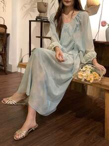 DAZY Women's Elegant V-Neck Batwing Sleeve Dress, Two Pieces Set With Slip Dress Maxi Dress - Green - View 5