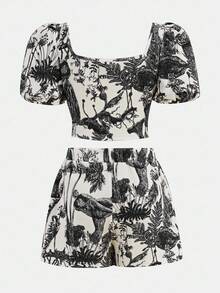 Girlism 少女碎花针织露脐上衣和短裤套装，配有修身泡泡袖，适合女孩度假/休闲穿着 - 黑色 - 查看 2