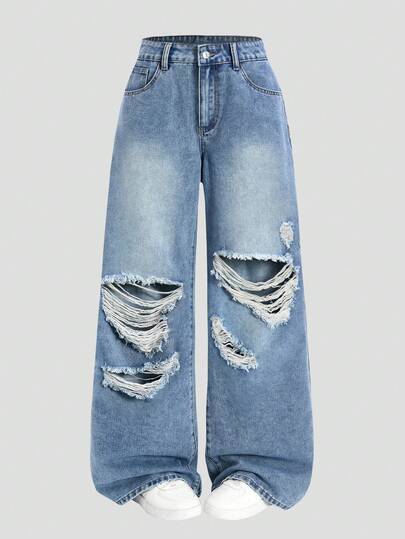 SHEIN MOD Korean Style High Street Washed Distressed Frayed Loose Straight Leg Ankle Length Versatile Jeans For Women