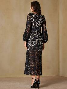 Aveloria Rosie European & American Style Fashionable Versatile Special Fabric Water-Soluble Lace Waist Cinching Long Sleeve Dress, Autumn/Winter - Black - View 2
