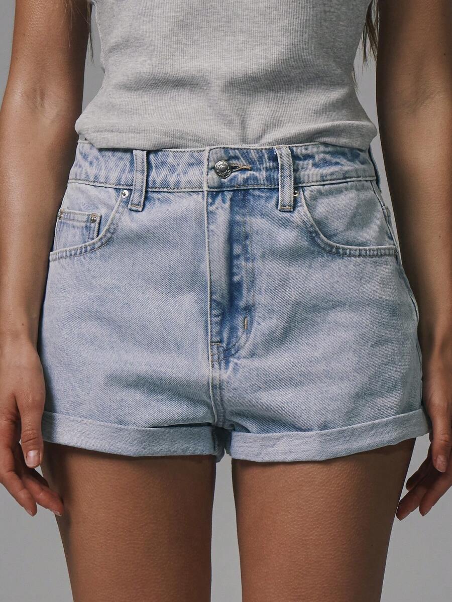 MUSERA Quần short denim cổ điển cạp trung, gấu quần xắn lên, kiểu dáng cơ bản mùa thu, phong cách đường phố dễ thương, thích hợp đi chơi, thường ngày, năng động, denim mùa xuân hè. - Rửa nhẹ - Xem 1