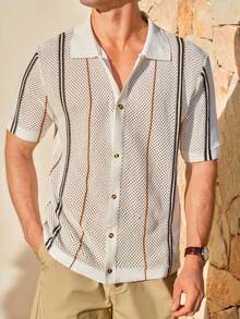 Manfinity CityGents Men's Contrast Stripe Round Neck Short Sleeve Button Front Loose Knit Top - Multicolor - View 2