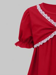 SHEIN ChillGRL Streecool Tween Girl Girls' Fashionable Versatile Cute Puff Sleeve Round Neck Doll Dress, Red One-Piece Dress, Round Neck Front Splice Design Pullover Dress, Suitable For Daily Outings, Birthday Parties - Red - View 8