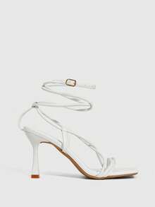 CUCCOO SZL 女士时尚方头细高跟白色绑带凉鞋，性感百搭，适合派对、宴会、约会、夜店等场合 - 白色 - 查看 4