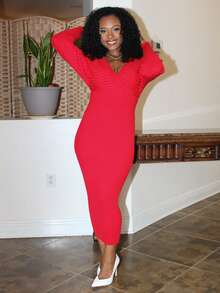 Steph T Women Sexy Elegant White V-Neck Off Shoulder Long Sleeve Fitted Sweater Dress, Suitable For Daily Wear, Office, Date, Casual, Party, Thanksgiving, Christmas White Midi Dress White Long Sleeve Dress White Bodycon Dress Ribbed Midi Dress In Fall/Winter Low Cut Dress Red Long Sleeve Dress Tight Long Dress Ribbed Dress Red Dress - Red - View 1