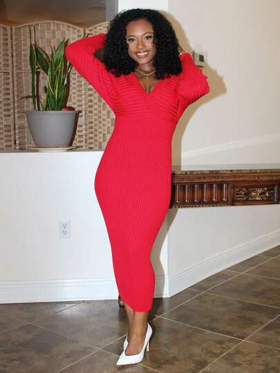 Steph T 女士性感优雅白色 V 领露肩长袖修身毛衣裙，适合日常穿着、办公室、约会、休闲、派对、感恩节、圣诞节白色中长裙白色长袖连衣裙白色紧身连衣裙罗纹中长裙秋冬