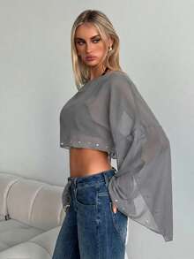 SHEIN EZwear 春夏新款灰色雪纺罩衫，女士透视长袖上衣，灰色上衣，透视上衣，喇叭袖露脐上衣，透视上衣，透视长袖上衣，透视上衣，夏季上衣，女士露脐上衣，女士上衣，女士透视长袖上衣，女士休闲上衣 - 灰色 - 查看 4